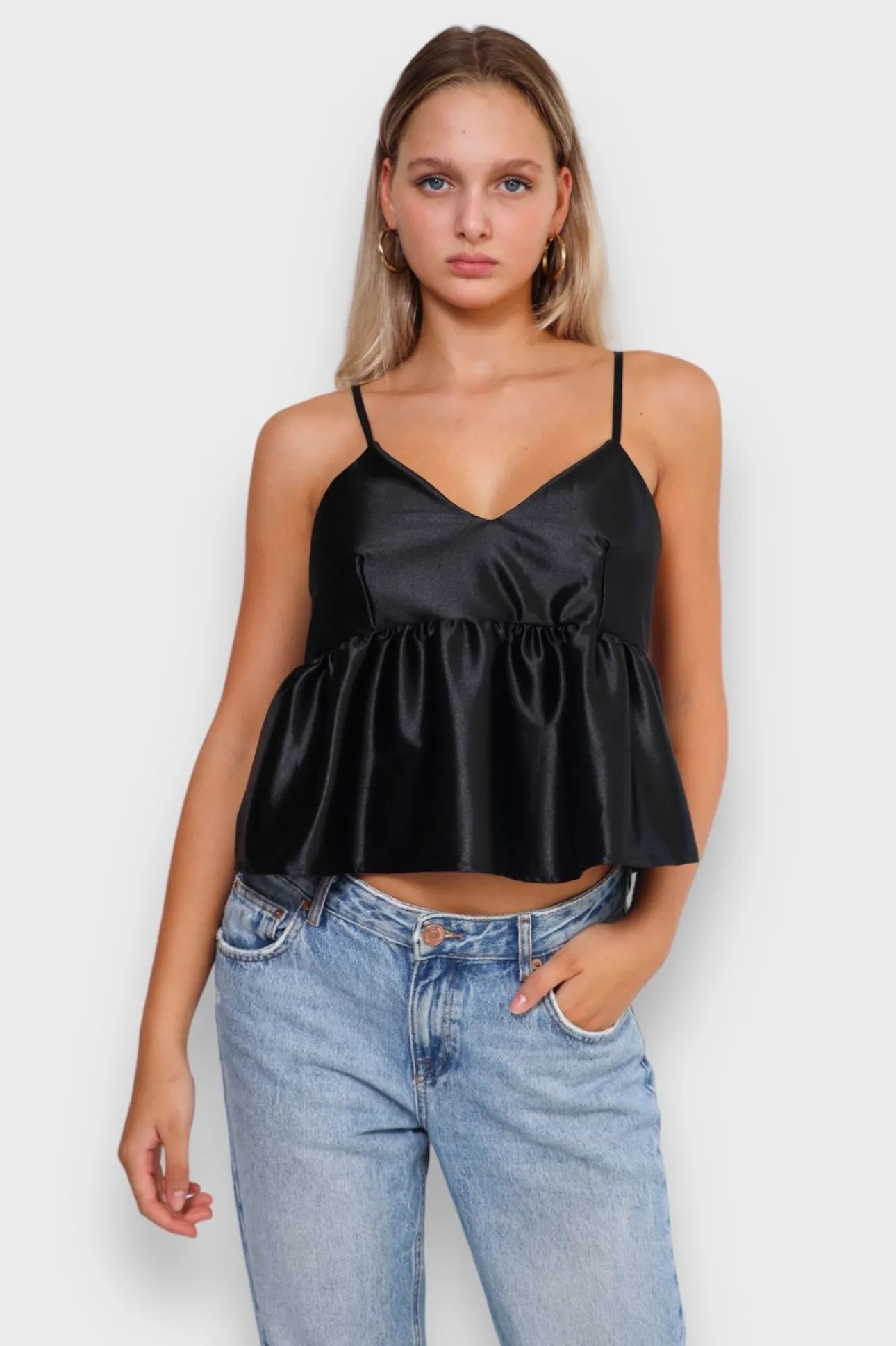 Hauts>Meet Me There Silk Peplum Top Black